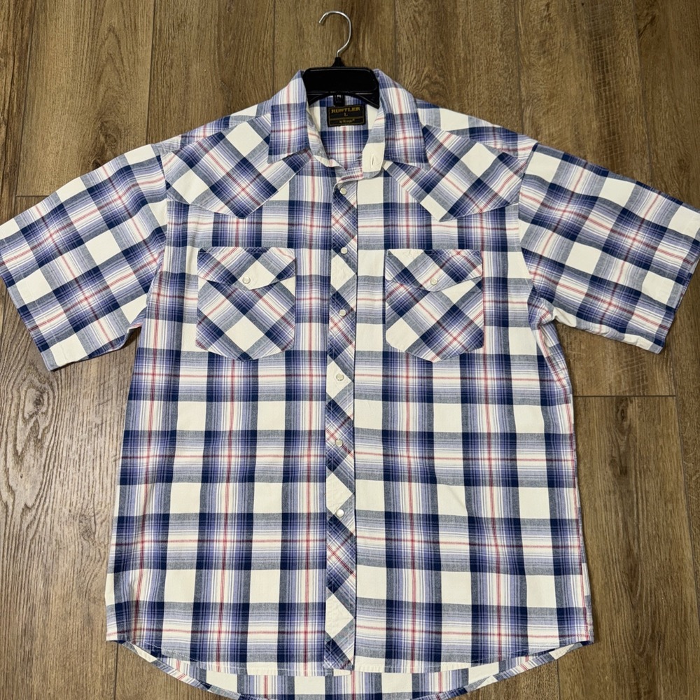 Vintage Rustler by Wrangler Mens L Blue Plaid Pearl Snap Short Sleeve WM287RG